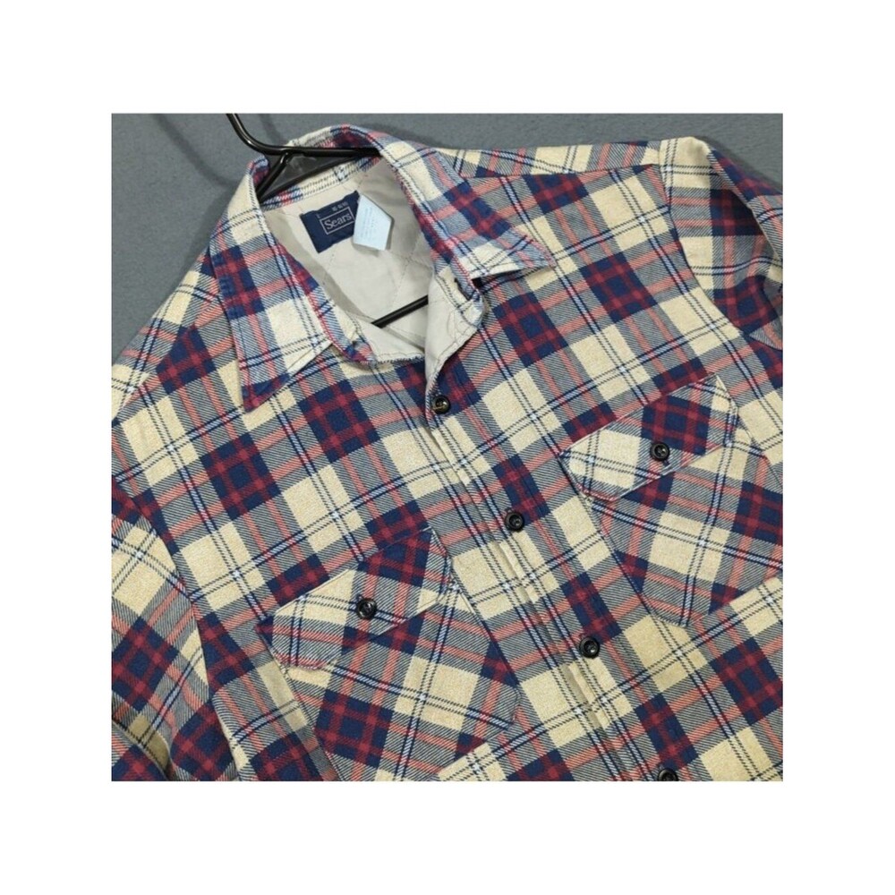 Sears VTG Plaid Flannel Blanket Shirt Men's L Multicolor Made In USA Shacket 80s